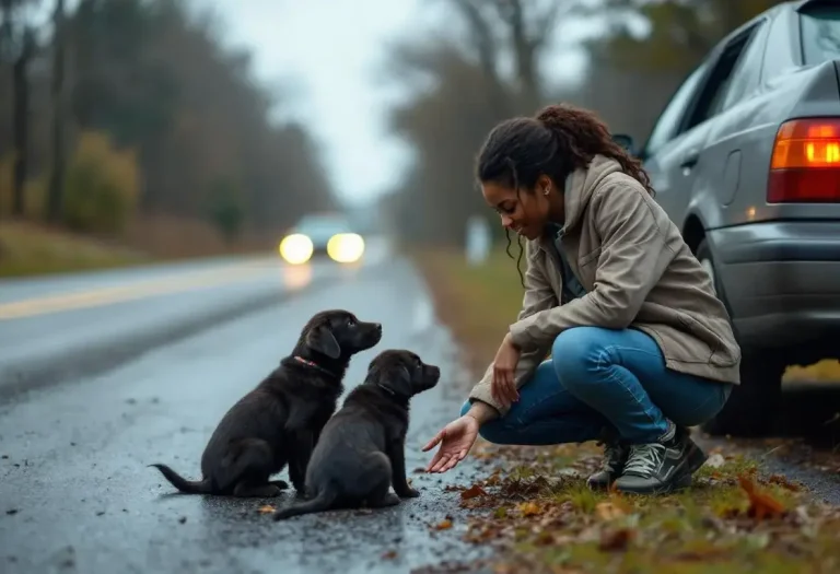 En apercevant une chienne et ses 2 chiots au bord de la route, une automobiliste ressent un besoin irrésistible de faire demi-tour pour les sauver
